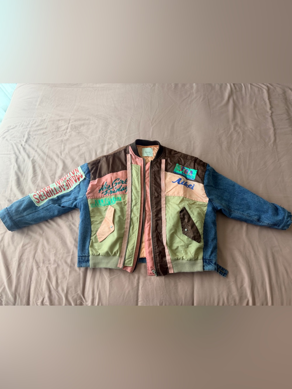 Vintage Multicolor Patchwork Bomber Jacket - Pink, Green, Brown, Denim